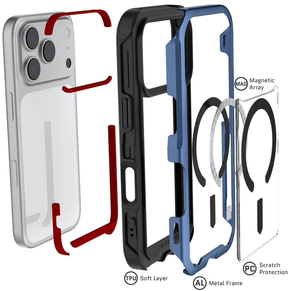iPhone 18 Pro Case Blue MagSafe Aluminum Metal Bumper Clear Protective Phone Cover