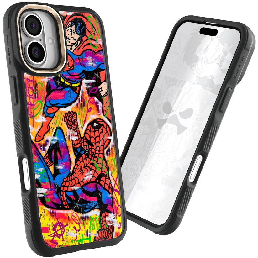 Apple iPhone 16 Spiderman vs Superman Spraypaint Artist Artwork Protective Phone Case