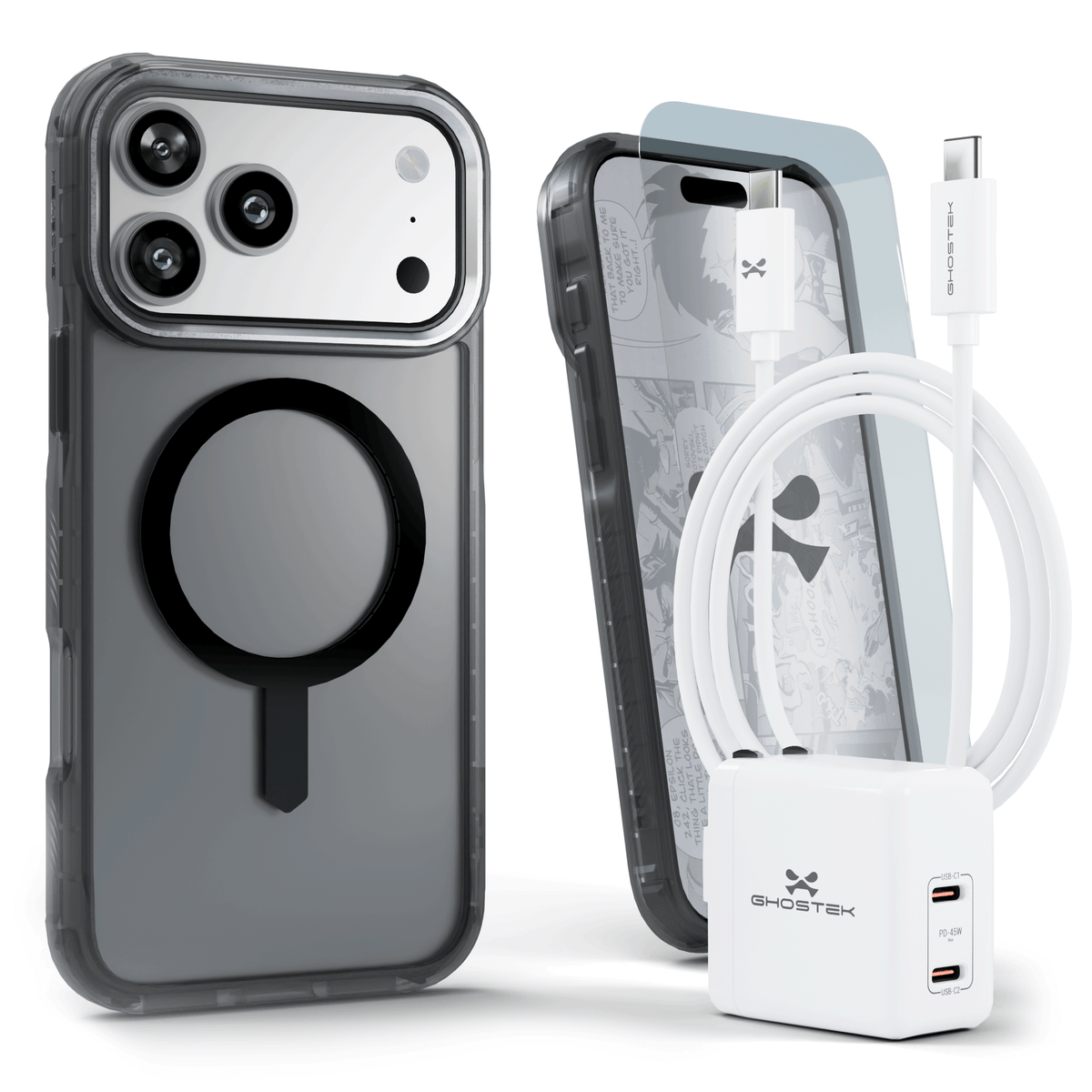 iPhone 17 Pro Max Case Charger Cable Screen Protector Bundle Smoke Matte