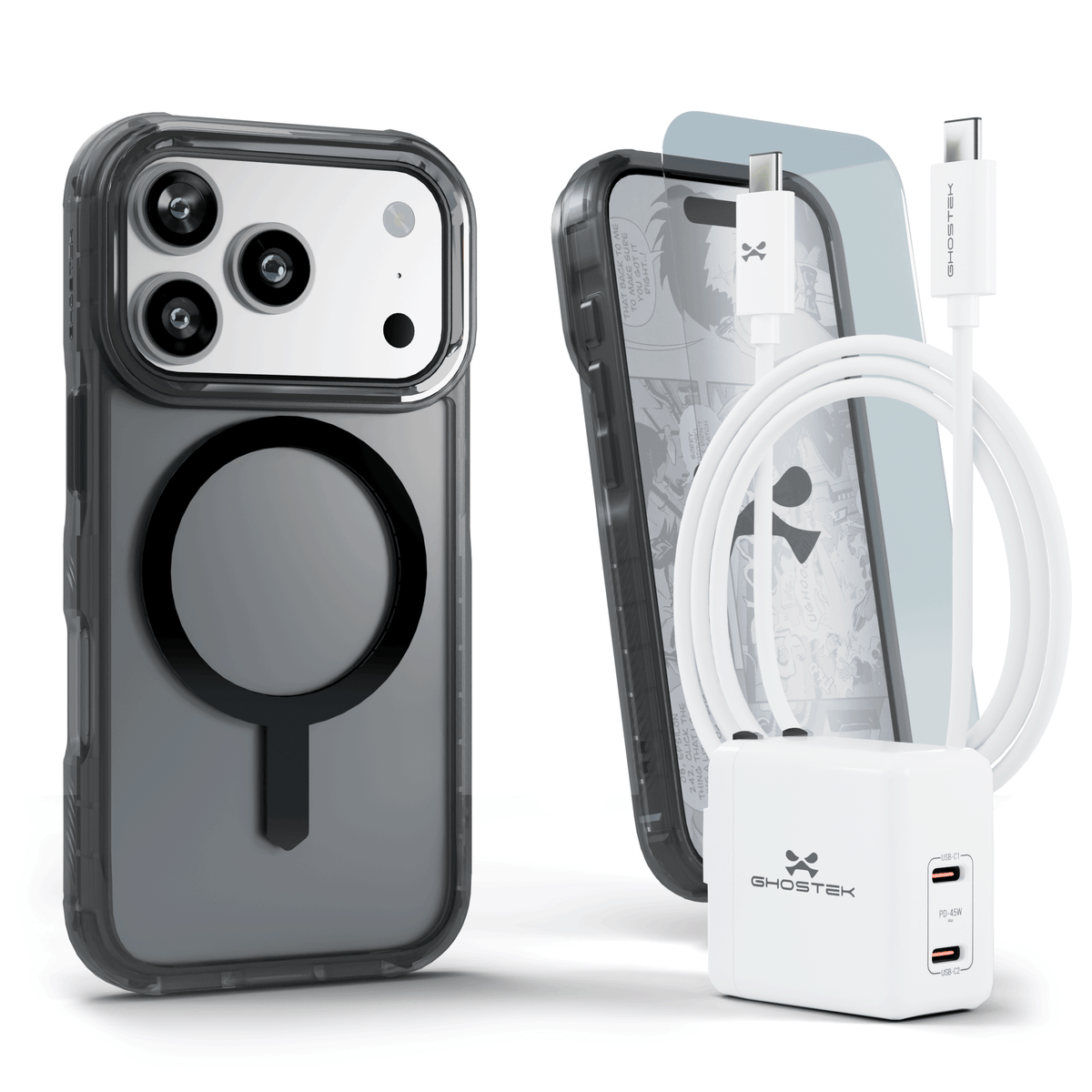 iPhone 17 Pro Case Charger Cable Screen Protector Bundle Smoke Matte