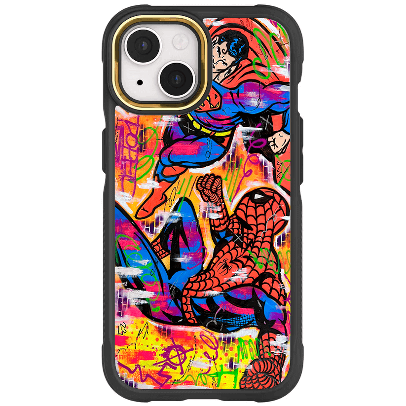 Apple iPhone 15 Plus Spiderman vs Superman Spraypaint Artist Artwork Protective Phone Case
