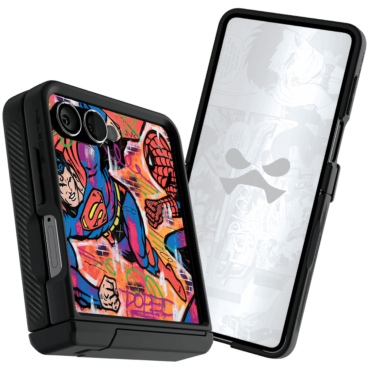Galaxy Z Flip 7 Spiderman vs Superman Spraypaint Artist Artwork Protective Phone Case