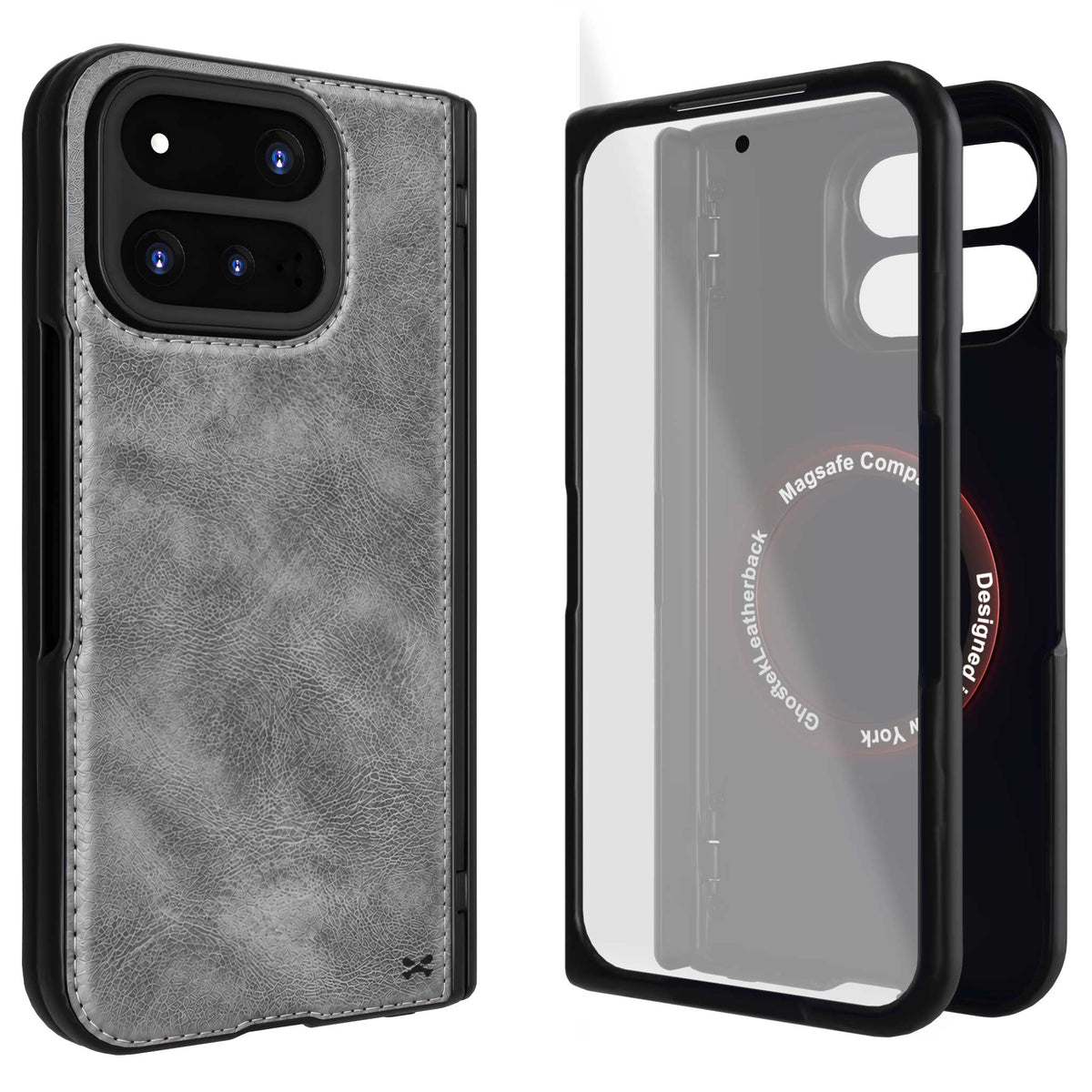 Google Pixel 11 Pro Fold Gray Leather Case MagSafe Magnetic Hinge Cover Screen Protector Premium