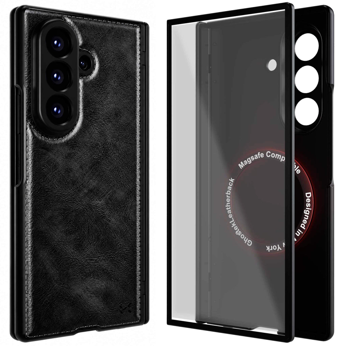Galaxy Z Fold 8 Ultra Black Leather Case with MagSafe and Screen Protector