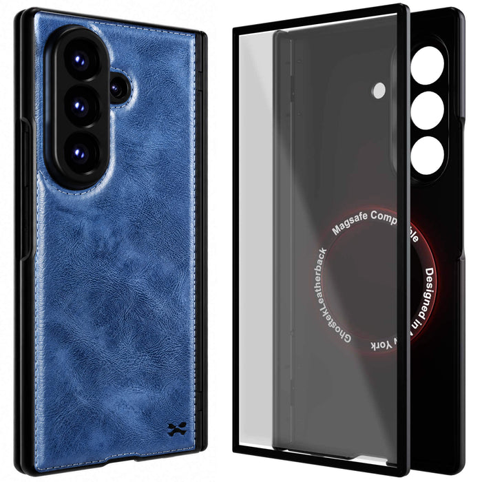 Galaxy Z Fold 8 Ultra Blue Leather Case with MagSafe and Screen Protector